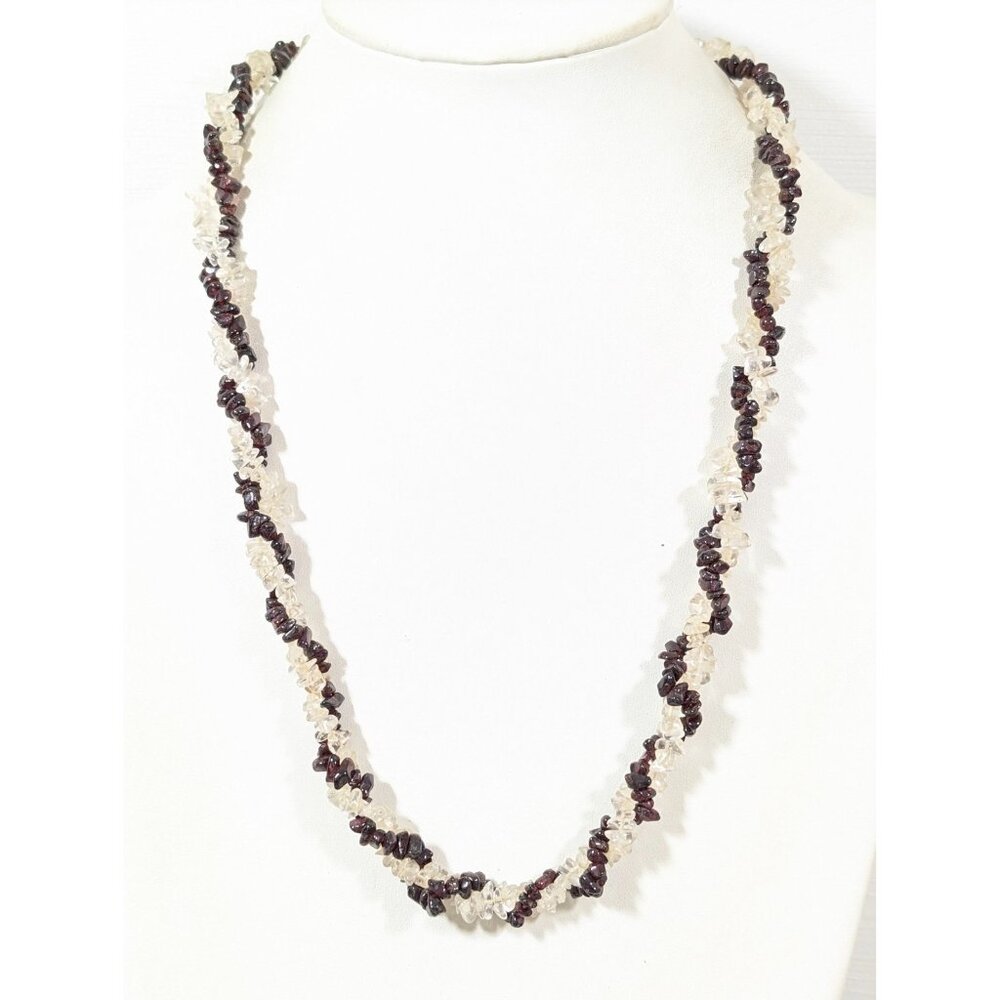 Vintage Red Garnet Clear‎ Rock Crystal Quartz Twist Necklace 26 in